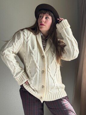 Vintage 90s Paul James Cream Wool Shawl Collar Cardigan Sweater | Size M/L